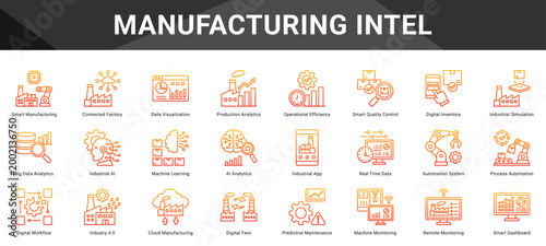 MANUFACTURING INTEL  Icon set collection. Vector icon pack featuring thematic icons for your presentations or business.