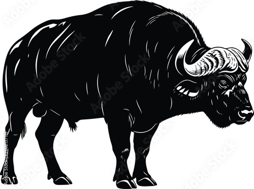Black and white illustration of powerful buffalo standing in profile view with curved horns and muscular body on plain white background