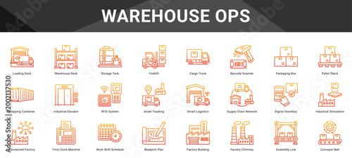 WAREHOUSE OPS  Icon set collection. Vector icon pack featuring thematic icons for your presentations or business.