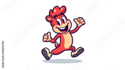 A cheerful cartoon character mascot runs energetically outdoors with a happy face.