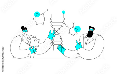 Scientists are working on the DNA code. Vector icon on the topic of bioengineering and biohacking. Vector illustration Horizontal banner