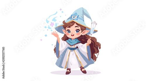 A young female mage performs magic outdoors in a cute fantasy scene.