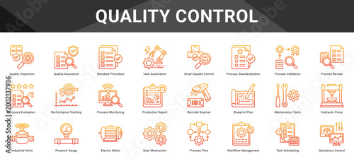 QUALITY CONTROL  Icon set collection. Vector icon pack featuring thematic icons for your presentations or business.