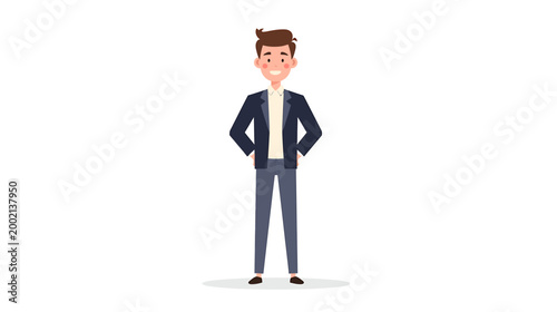 A confident business man stands with hands on hips in a stylish outfit.