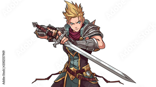 A muscular blond man in armor holds a large sword in a fighting stance indoors.