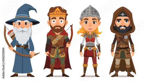 Fantasy characters including a wizard, king, female warrior, and archer stand ready for battle