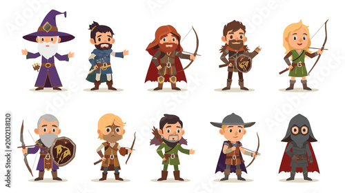 A set of fantasy characters vector including wizard and warriors standing together.