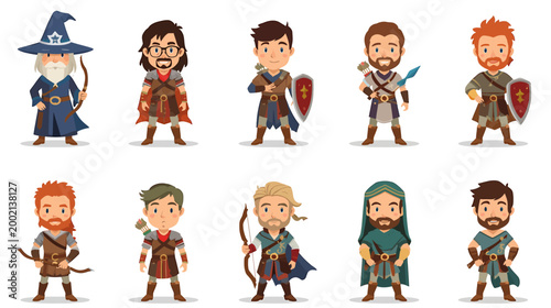 A fantasy set of characters including a wizard and warriors standing heroically in a medieval landscape with weapons and shields