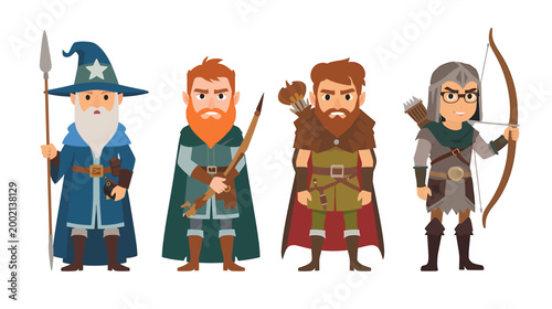 A set of fantasy characters vector illustration including a wizard and three other heroes standing together.