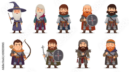 A set of fantasy characters vector including wizard and warriors standing together