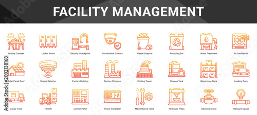 FACILITY MANAGEMENT  Icon set collection. Vector icon pack featuring thematic icons for your presentations or business.