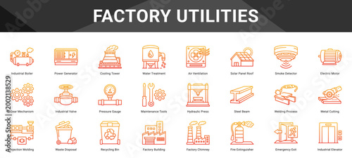 FACTORY UTILITIES  Icon set collection. Vector icon pack featuring thematic icons for your presentations or business.