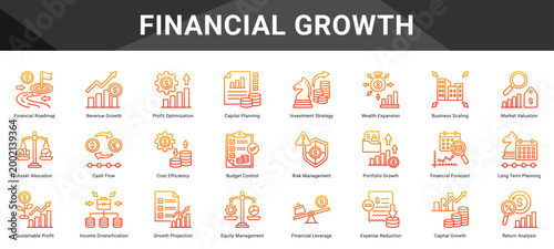 FINANCIAL GROWTH  Icon set collection. Vector icon pack featuring thematic icons for your presentations or business.