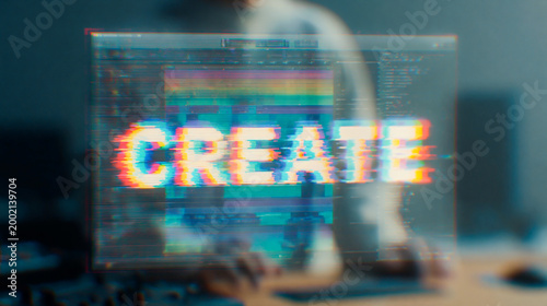 Person Behind a Blurred Glass Surface with Glowing Glitchy Create Text Overlay in a Modern Creative Workspace