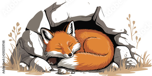 Sleeping Fox in Cave Minimal Line Art Vector  Wildlife Outline Illustration Set