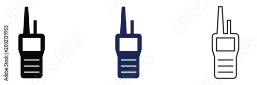 Walkie Talkie Radio Icons Communication Device Set. Set of walkie talkie icons in outline, solid, and colored styles with signal waves, representing wireless communication and radio devices.