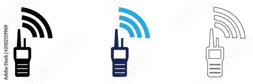 Walkie Talkie Radio Icons Communication Device Set. Set of walkie talkie icons in outline, solid, and colored styles with signal waves, representing wireless communication and radio devices.