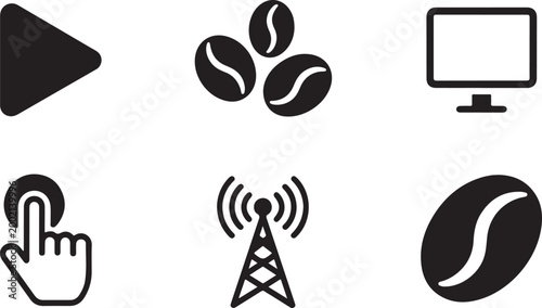Set of black flat icons including play button coffee beans computer screen hand click and antenna