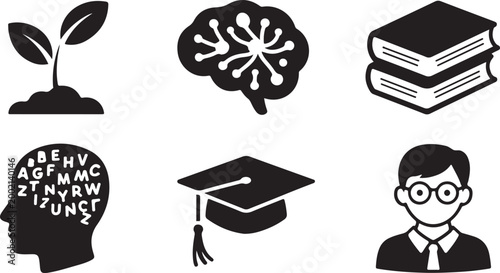 Set of education and learning icons with brain knowledge books student and plant growth symbols