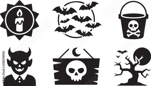 Set of black halloween icons with candle bats skull bucket devil sign and spooky tree