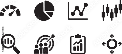 Set of black business analytics and data chart icons for financial reports and marketing analysis