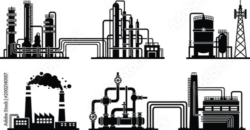 Industrial refinery and factory silhouette icon collection, petrochemical plants and pipeline systems, oil and gas industry infrastructure, energy production 