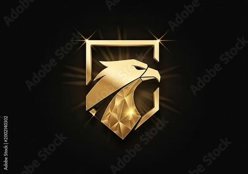 Golden eagle head logo with shield frame on black background