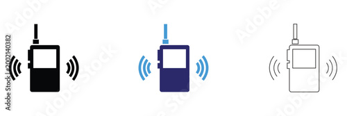 Walkie Talkie Radio Icons Communication Device Set. Set of walkie talkie icons in outline, solid, and colored styles with signal waves, representing wireless communication and radio devices.