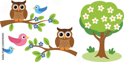 Cute Owl and Bird Nature Scene Vector Set Cartoon Tree Branch Illustration Collection
