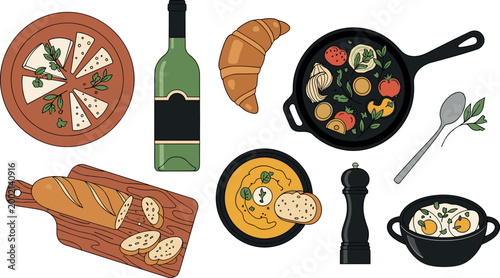 Delicious Meal with Bread, Pizza, Wine, and Vegetables in Cast Iron Pan for Culinary, Cooking, and Food Illustration Designs