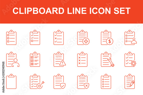 Tableau sur toile Outline clipboard icon set with checkmark and cross, Checklist Report Symbol, Task Management UI Element, Document Edit Graphic, Line Art Vector Collection