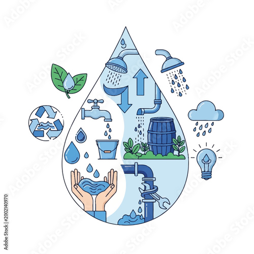 Illustration of water cycle and environmental stewardship with sustainability icons.