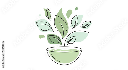 Refreshing bowl with liquid and green leaves gracefully flying out, symbolizing natural skincare, herbal remedies, and organic beauty products.