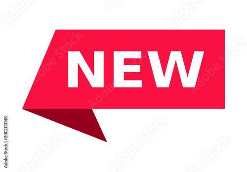 New Label Sticker. Red vector badge ribbon banner. Isolated retail element. Marketing, E-commerce, Design concept.