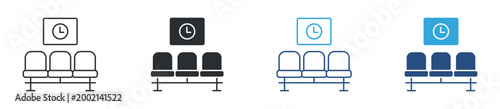 Waiting area icon set. seats with clock symbol. queue and appointment concept. vector illustration.