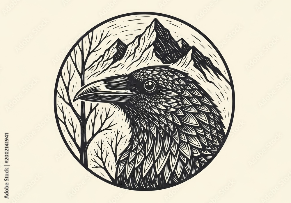 Fototapeta premium Linocut style raven head with mountain background circular emblem