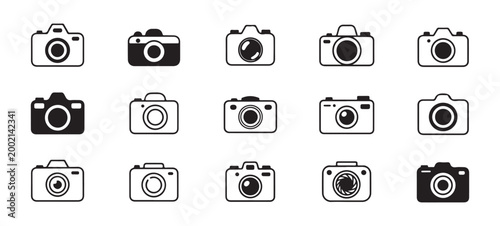 Set of black and white camera icons representing various types of photographic devices.