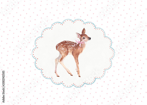 Elegant Baby Deer Watercolor Illustration with Bow in Decorative Frame, Luxury Nursery Wall Art, Soft Pastel Animal Design for Baby Room Decor, Prints and Baby Shower