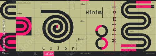 Minimalist geometric design featuring bold black and pink lines on a beige background. The composition includes spirals and curves, creating a modern and abstract visual effect.