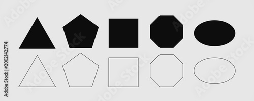 Collection of geometric shapes in black and white outlines on a gray background