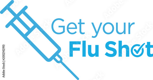 Simple vector illustration graphic encouraging flu shots with a syringe icon and a checkmark symbol