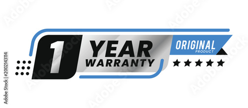 1 Year Silver Blue Warranty Shield Logo with Ribbon. Modern Warranty Badge in Premium Silver Metallic. Shiny Emblem with Shield Design, Elegant Ribbon, and Stars