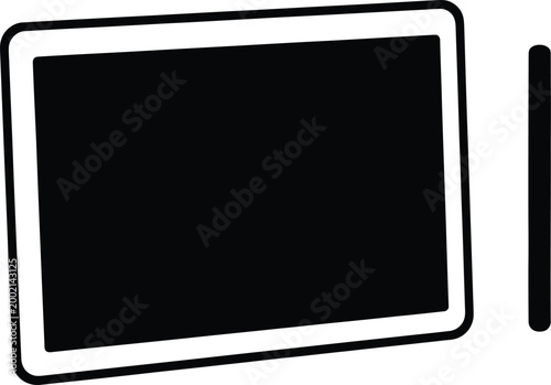 A sleek black and white vector illustration depicting a modern tablet device in landscape orientation, perfect for digital design mockups and technology concepts.