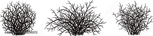 Title: Dead leafless shrub silhouettes set black bush and thicket icons flat vector
