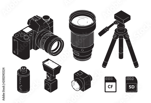 Set of isometric black and white photography equipment with camera, lens, tripod, and memory cards.