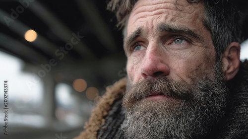 A weathered middle-aged man with a thick beard and blue eyes gazes upward thoughtfully outdoors.