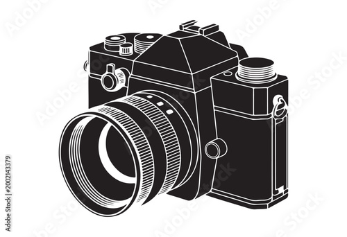 Tableau sur toile Isometric black and white vector illustration of a vintage analog film camera with lens