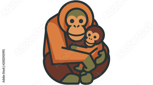 Cartoon illustration of a mother orangutan gently holding her baby, depicting maternal love and family bonds in a simple, graphic style.