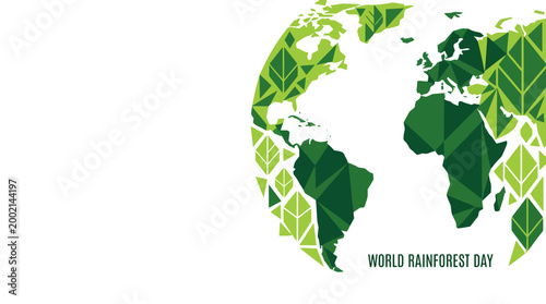 Stylized green leaf-patterned globe representing World Rainforest Day, promoting environmental awareness and conservation efforts.