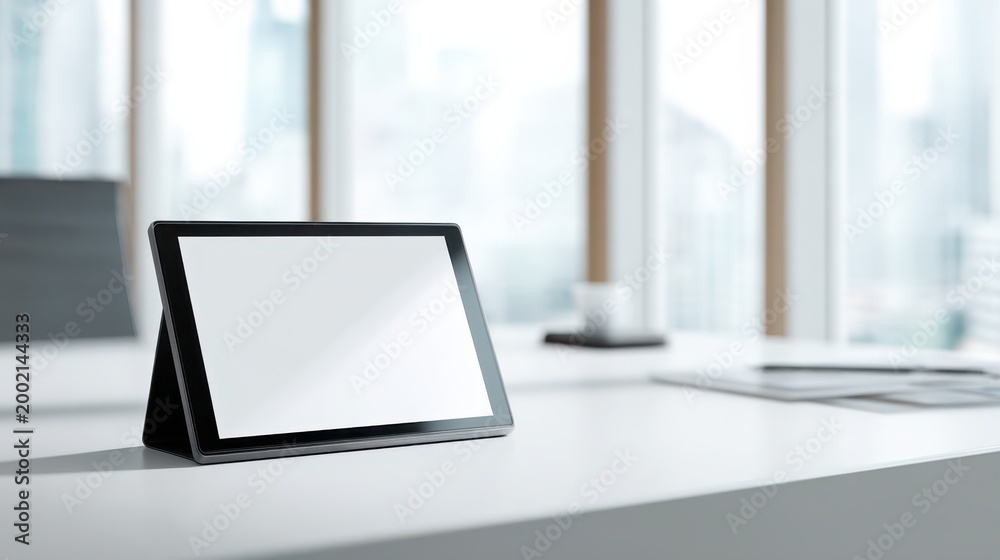 Fototapeta premium Minimalistic Tablet on Modern Office Desk with Urban Background